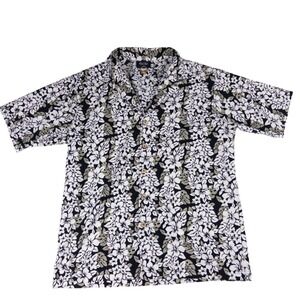 Anchor Blue Hawaiian Shirt Mens L Black White Floral Y2K Vintage Short Sleeve
